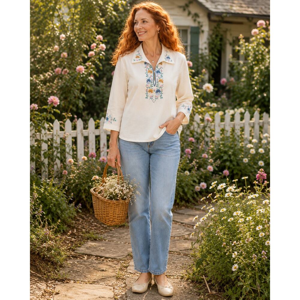 VTG 70s Embroidered Floral Tunic Blouse Large Cottagecore Prairie Boho Folk Top